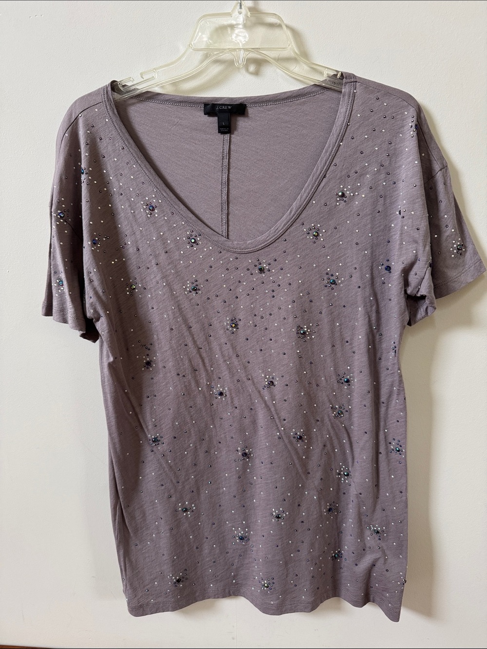 J. Crew Embellished V‑Neck Tee in Mauve Gray, NWOT